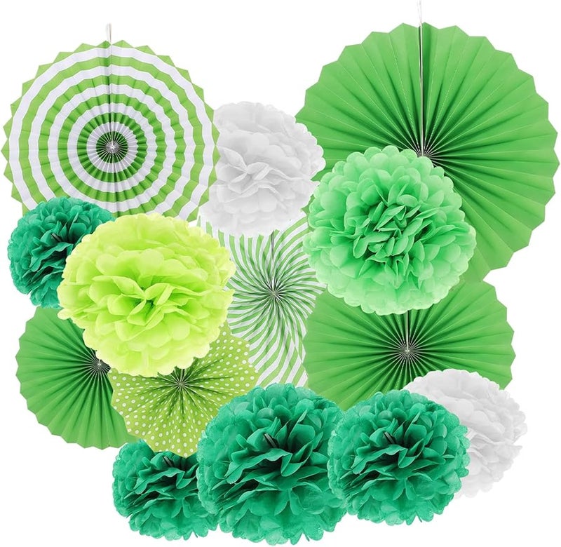 مجموعة مراوح ورقية خضراء وكرات زينة 14 قطعة ديكورات حفلات لأعياد الميلاد والزفاف - Image 1